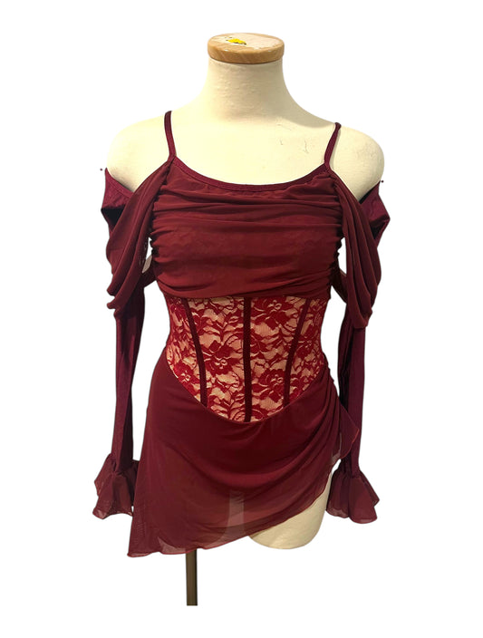 Susie Base competition dance costume featuring burgundy mesh draping and lace corset-inspired detailing