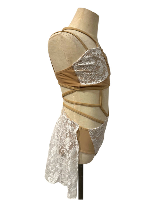 Side view of Ava dance costume base featuring wrap-style construction and lace detailing