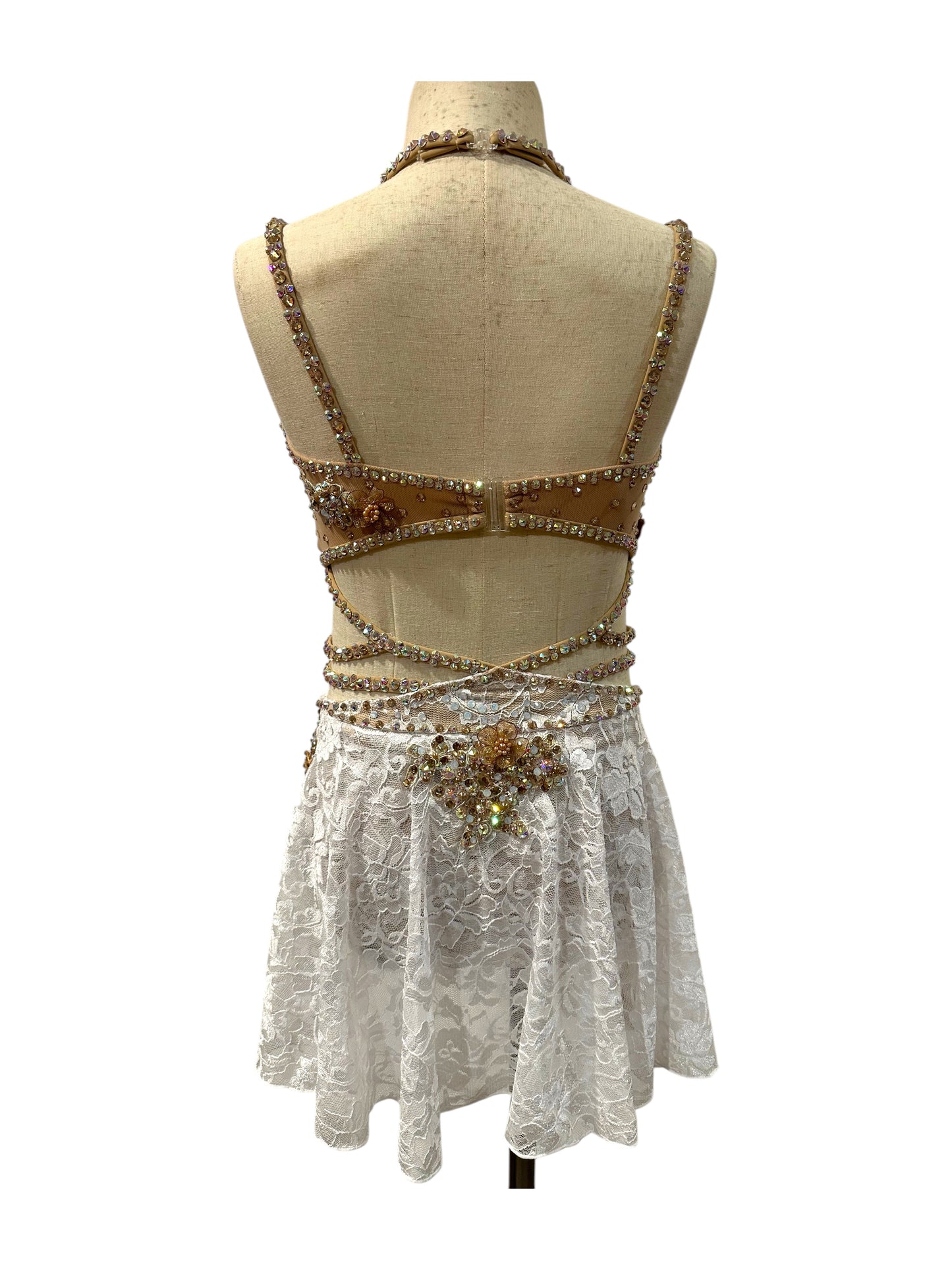 White lace competition dance costume back view with rhinestone detailing