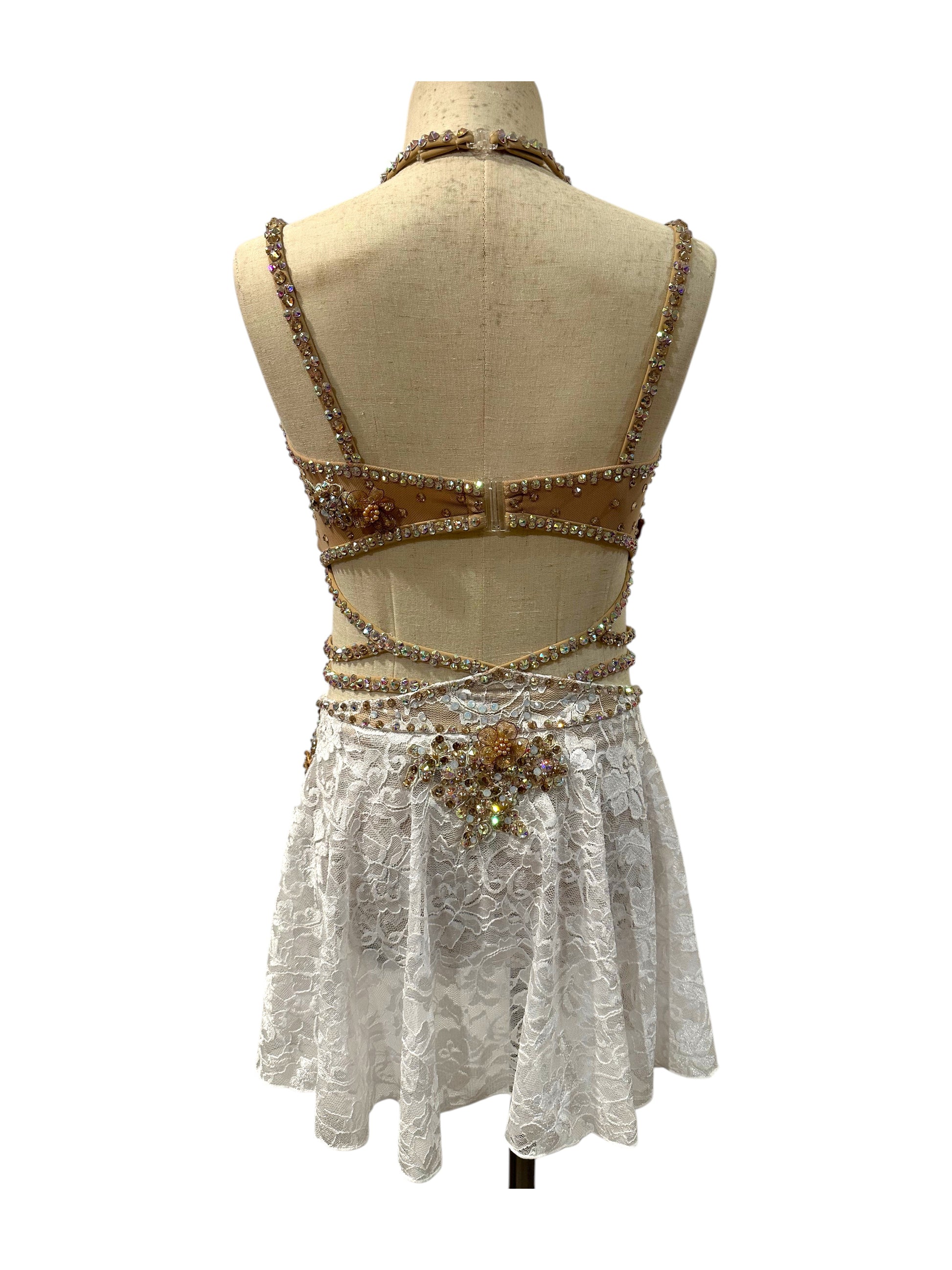 White lace competition dance costume back view with rhinestone detailing