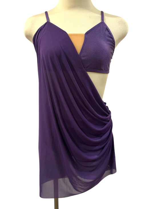 Indira Base contemporary dance costume featuring draped mesh overlay, asymmetrical silhouette, and open side design in deep purple.