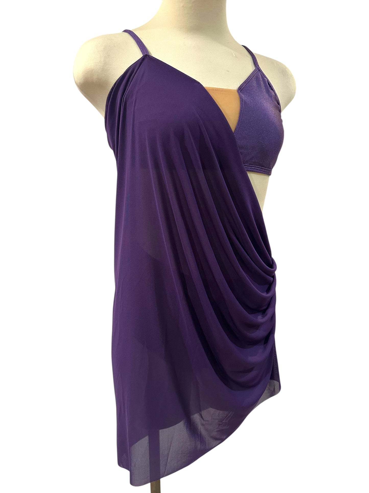 Indira Base contemporary competition costume with flowing mesh drape, asymmetrical styling, and elegant stage-ready design.