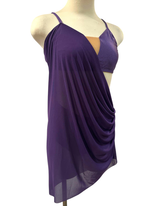 Indira Base contemporary competition costume with flowing mesh drape, asymmetrical styling, and elegant stage-ready design.