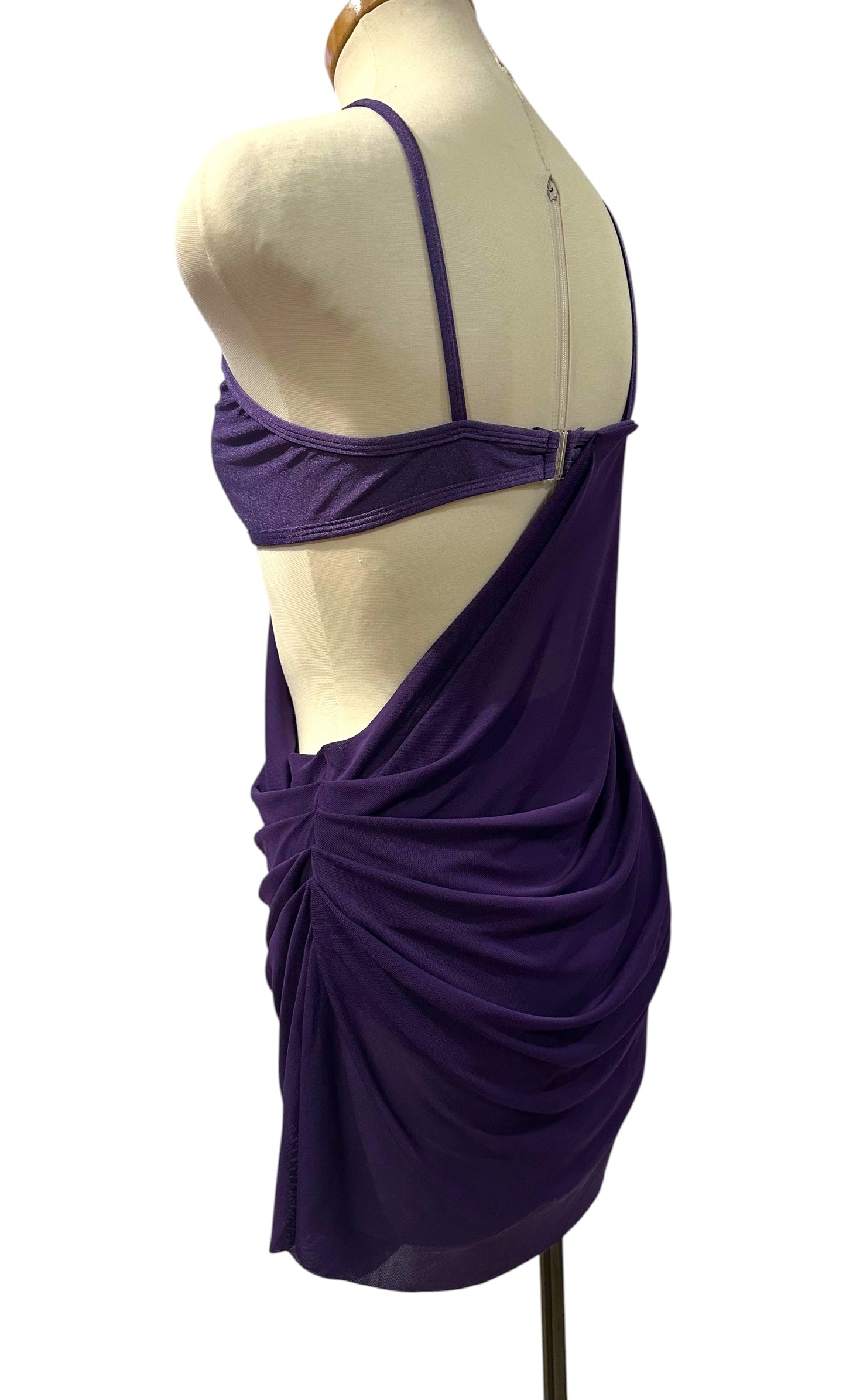 Indira Base contemporary dance costume featuring open-back styling, gathered mesh detailing, and fluid movement design.