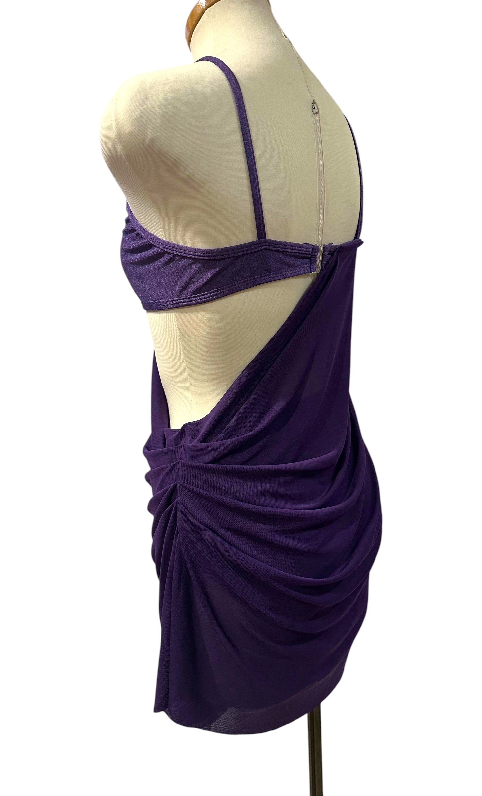 Indira Base contemporary dance costume featuring open-back styling, gathered mesh detailing, and fluid movement design.