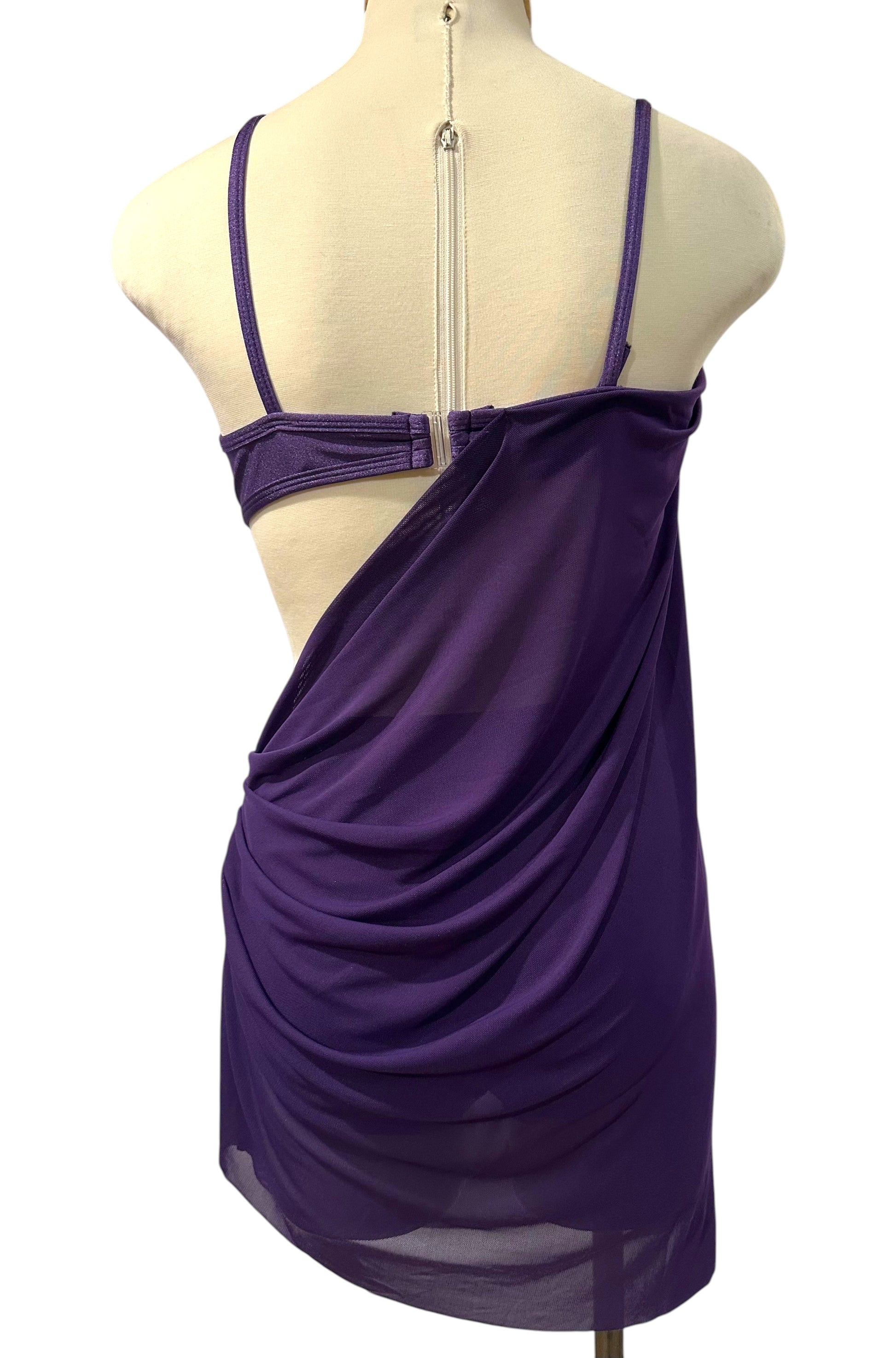 Indira Base dance costume back view with open-back construction, flowing mesh overlay, and contemporary competition styling.