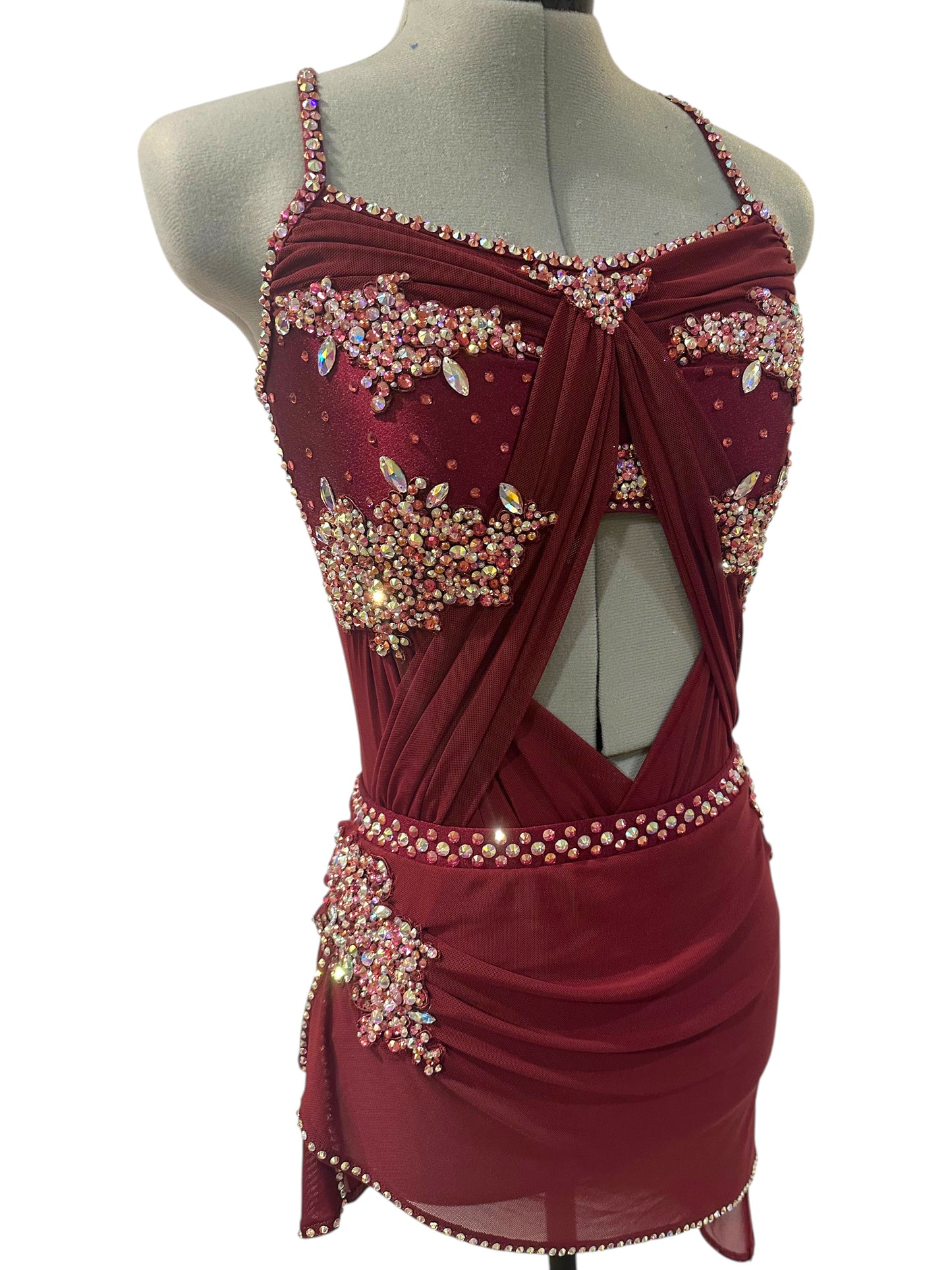 Adult Medium burgundy competition dance costume with rhinestone appliqués, draped bodice, and asymmetrical performance skirt
