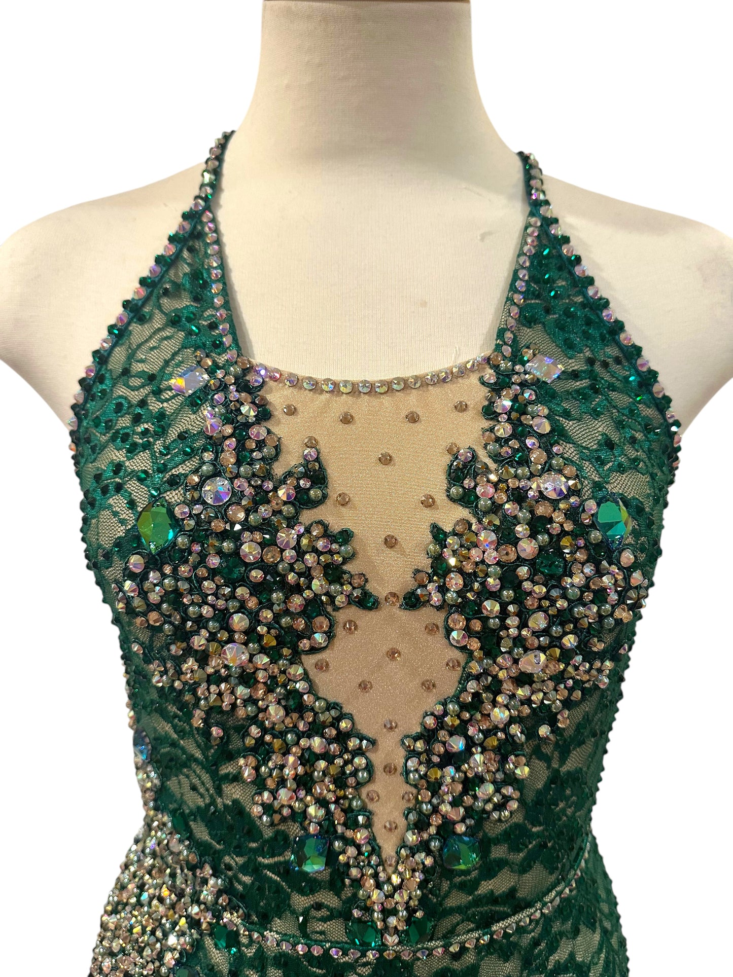 Emerald green lace dance costume with nude illusion plunge neckline and heavy rhinestone embellishment on bodice – Ready-to-Ship Adult Small