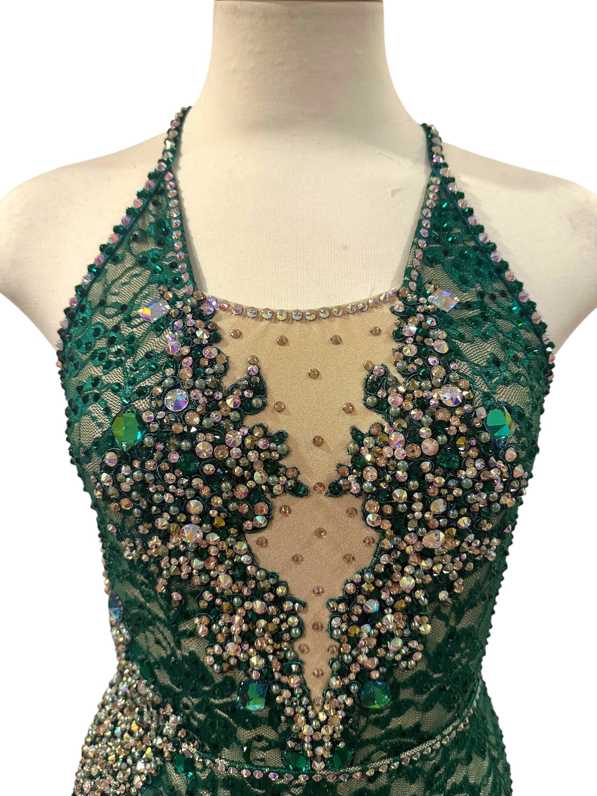 Emerald green lace dance costume with nude illusion plunge neckline and heavy rhinestone embellishment on bodice – Ready-to-Ship Adult Small