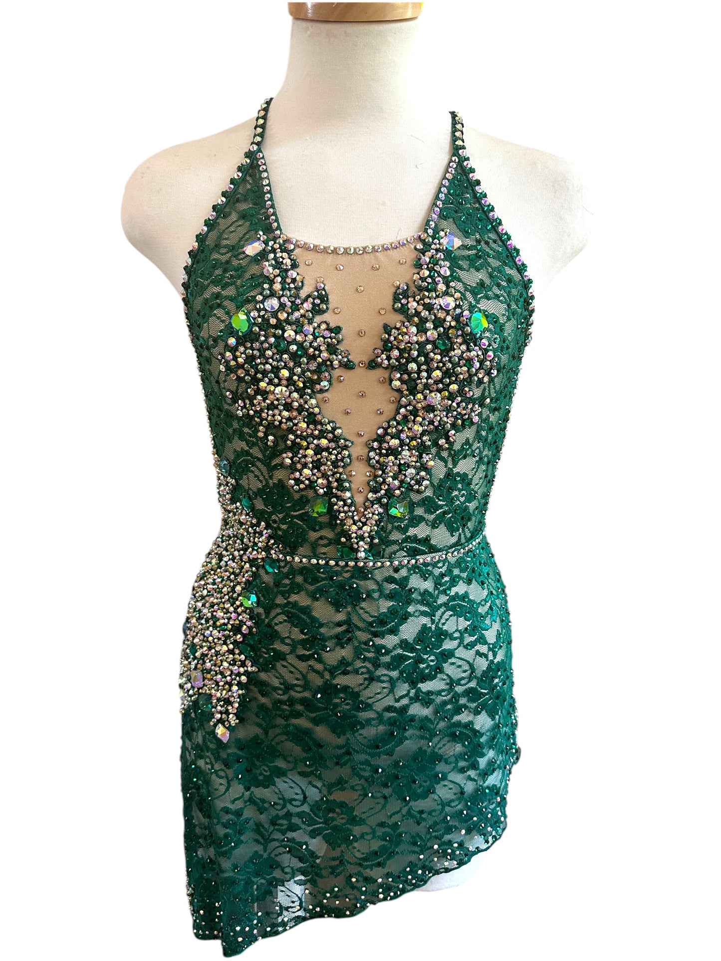 Emerald green lace rhinestone dance costume with asymmetrical skirt and open-back design – Ready-to-Ship Adult Small