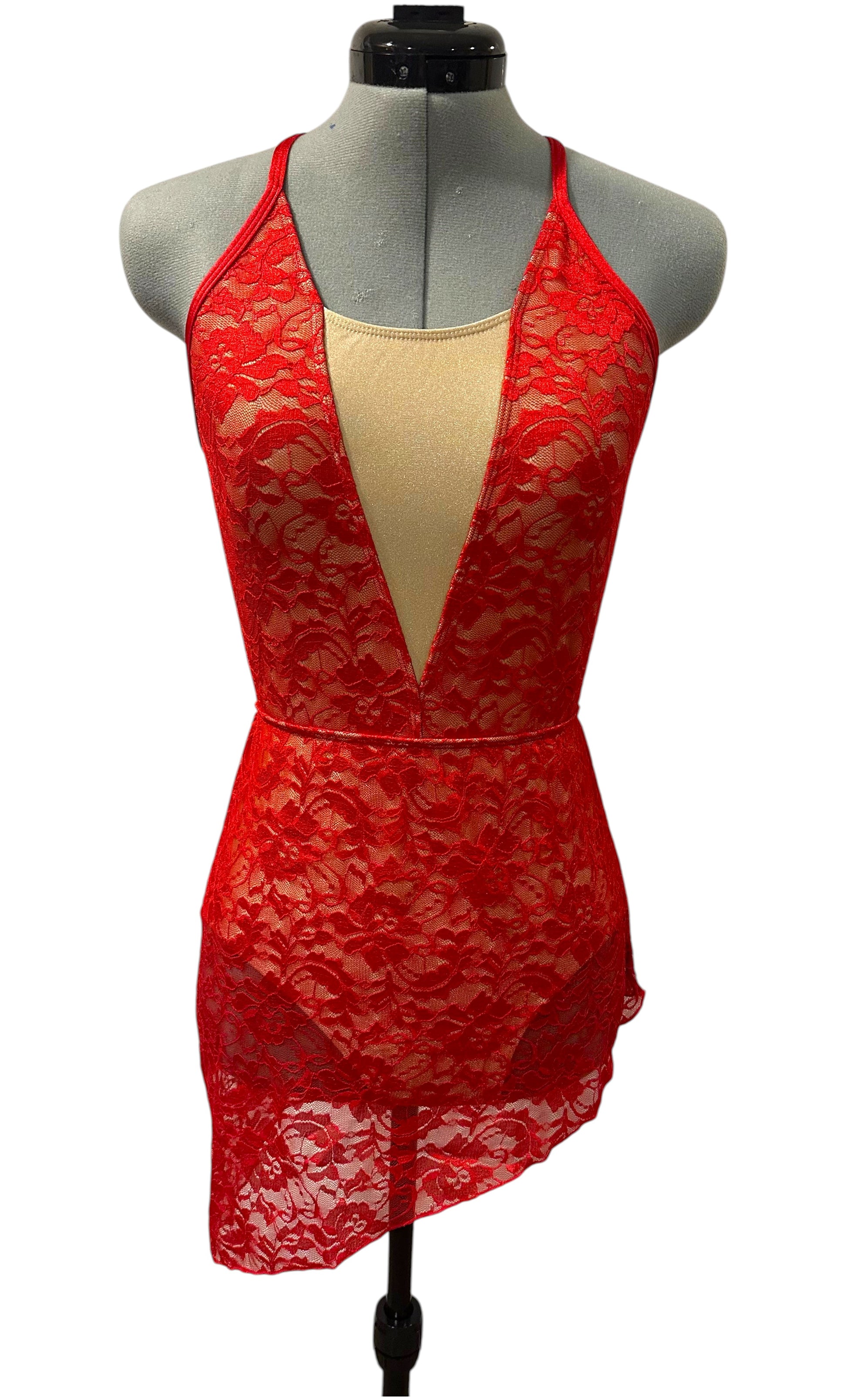 Amber Base dance costume in red lace featuring a dramatic plunge neckline, elegant lace overlay, and competition-ready silhouette front view