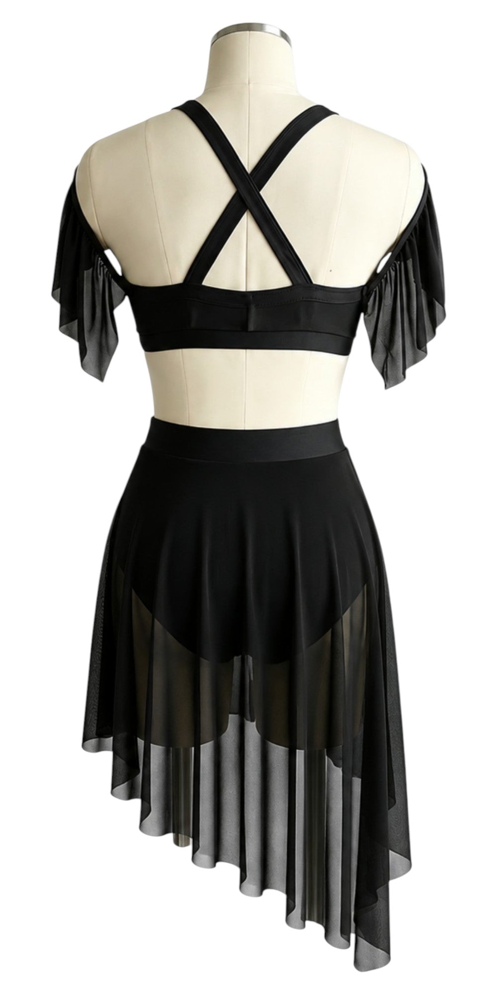 Back view of black Kaliya Signature dance costume base with crisscross straps, open-back styling, mesh sleeves, and asymmetrical flowing skirt.
