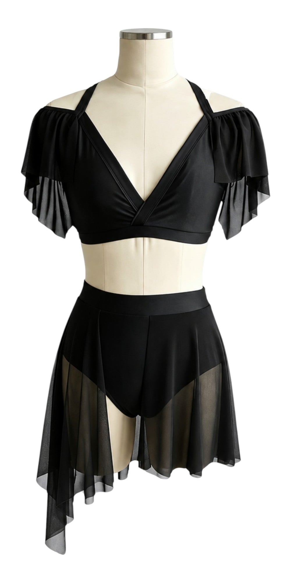 Black Kaliya Signature dance costume base featuring crossover V-neck crop top, off-the-shoulder mesh sleeves, high-waisted briefs, and asymmetrical skirt.