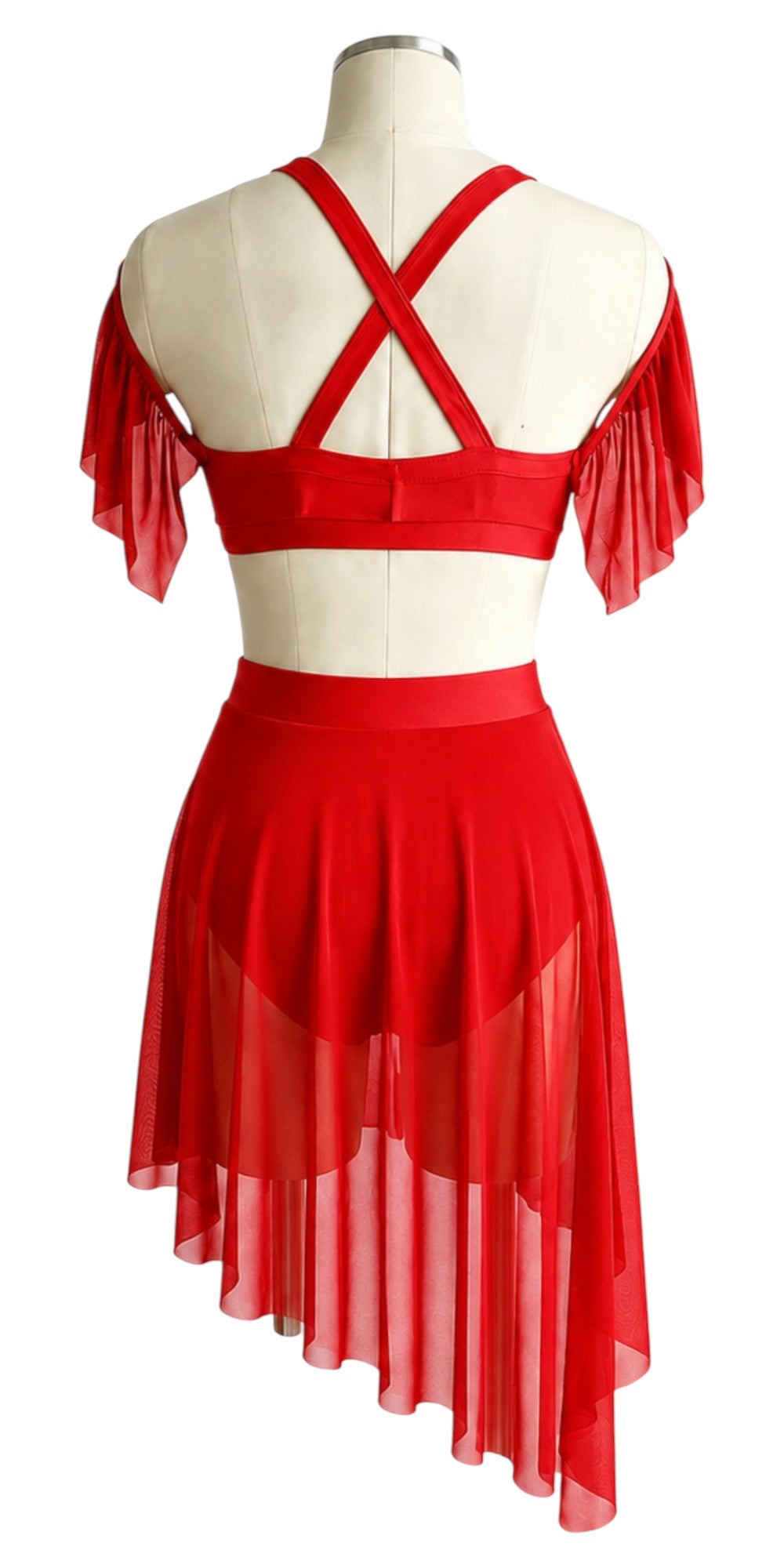 Back view of red Kaliya Signature dance costume base featuring crisscross straps, flowing mesh sleeves, high-waisted briefs, and asymmetrical mesh skirt.