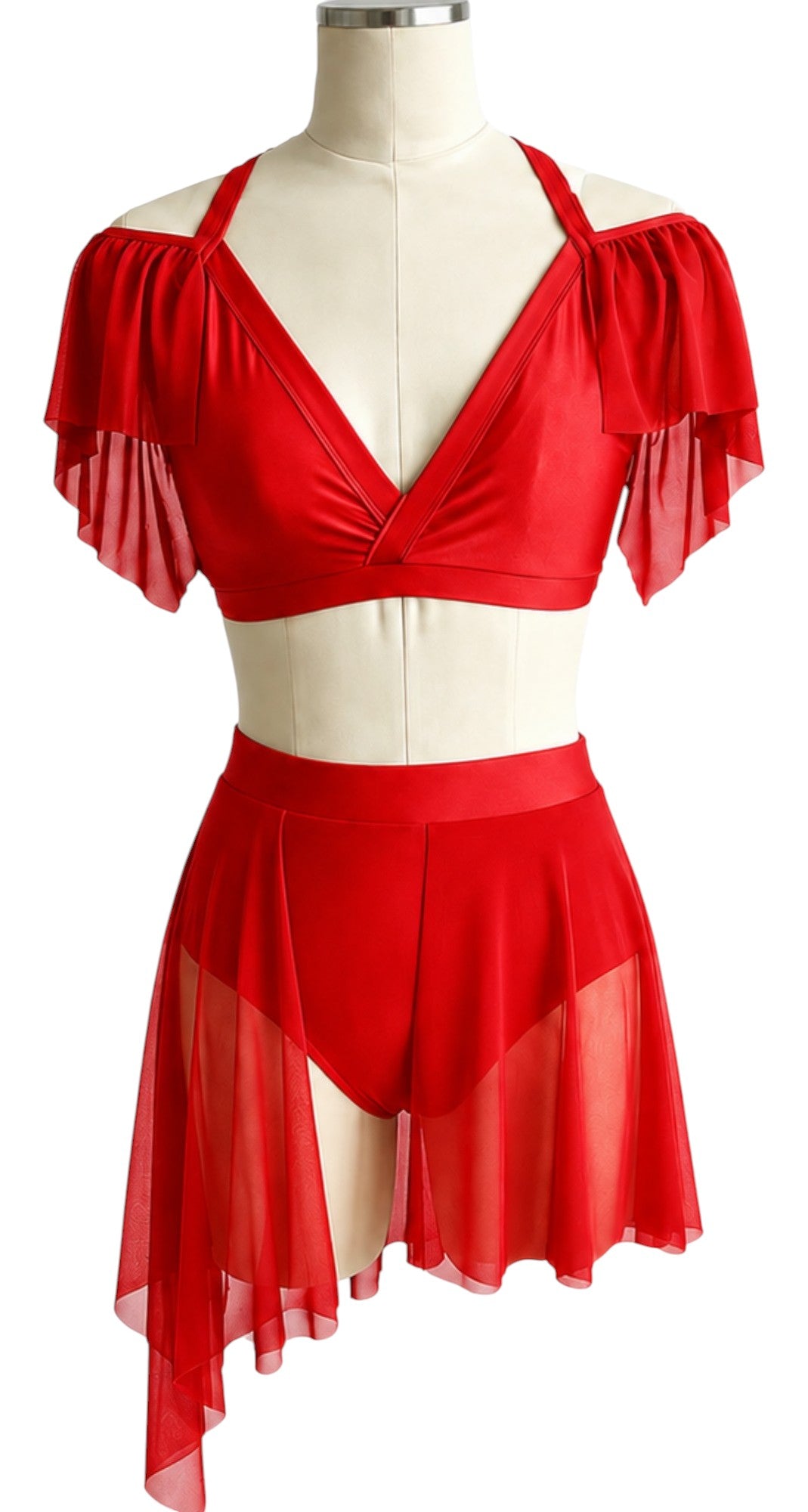 Red Kaliya Signature dance costume base with crossover crop top, off-the-shoulder mesh sleeves, high-waisted briefs, and flowing asymmetrical skirt.