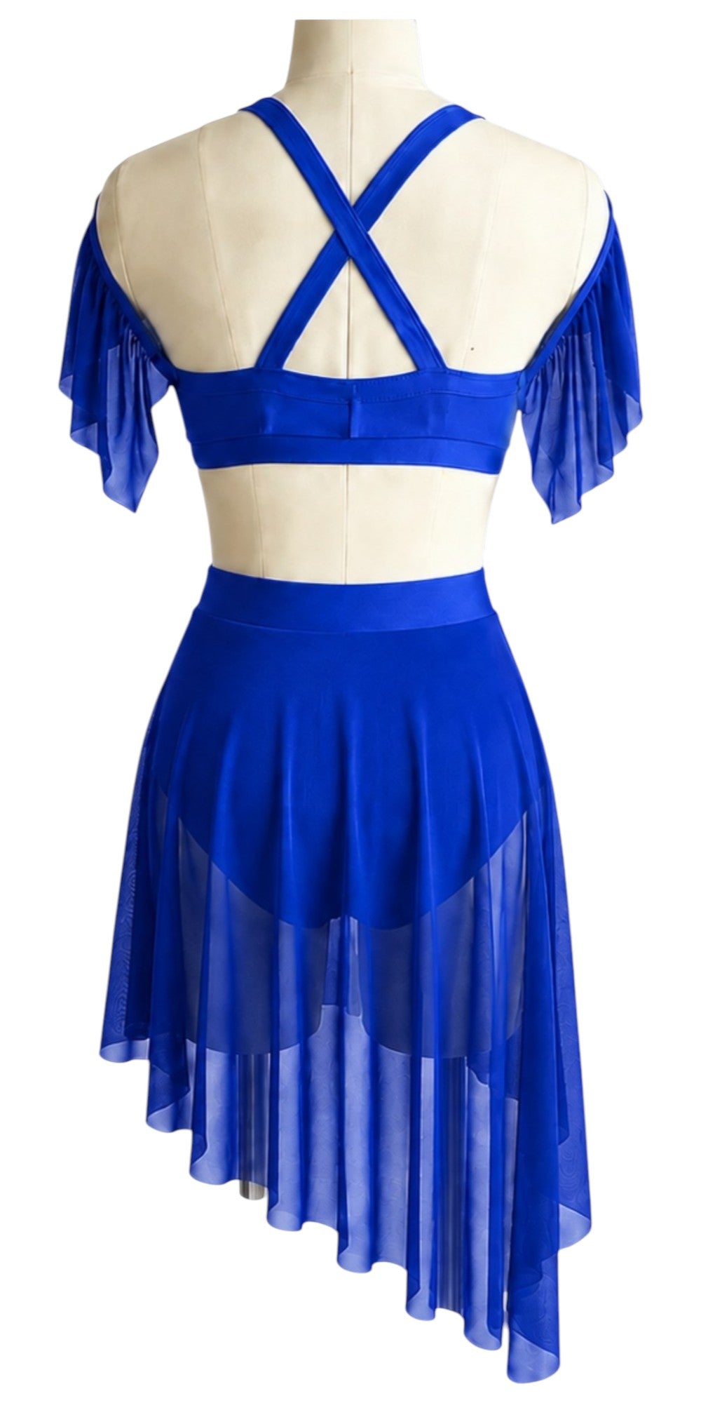 Back view of royal blue Kaliya Signature dance costume base with crisscross straps, mesh flutter sleeves, and flowing asymmetrical skirt.