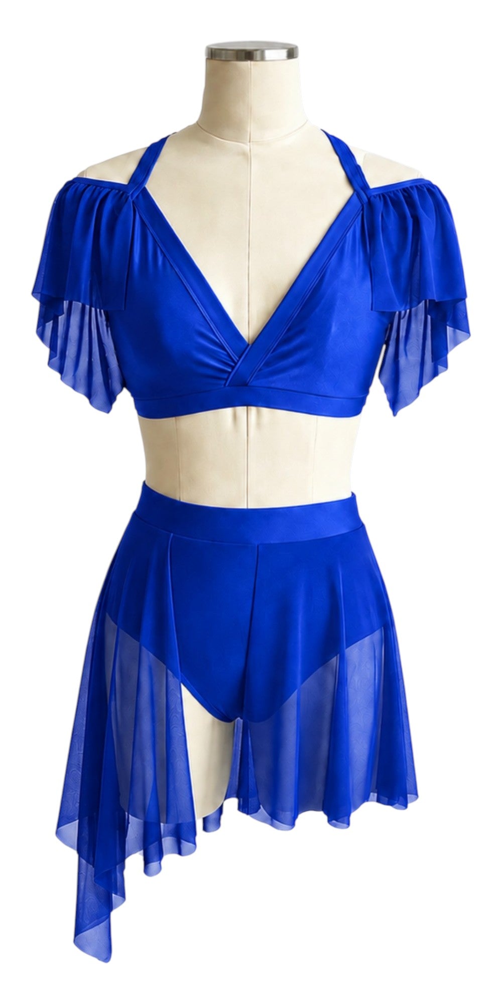 Royal blue Kaliya Signature dance costume base featuring crossover V-neck top, off-the-shoulder mesh sleeves, high-waisted briefs, and asymmetrical skirt.