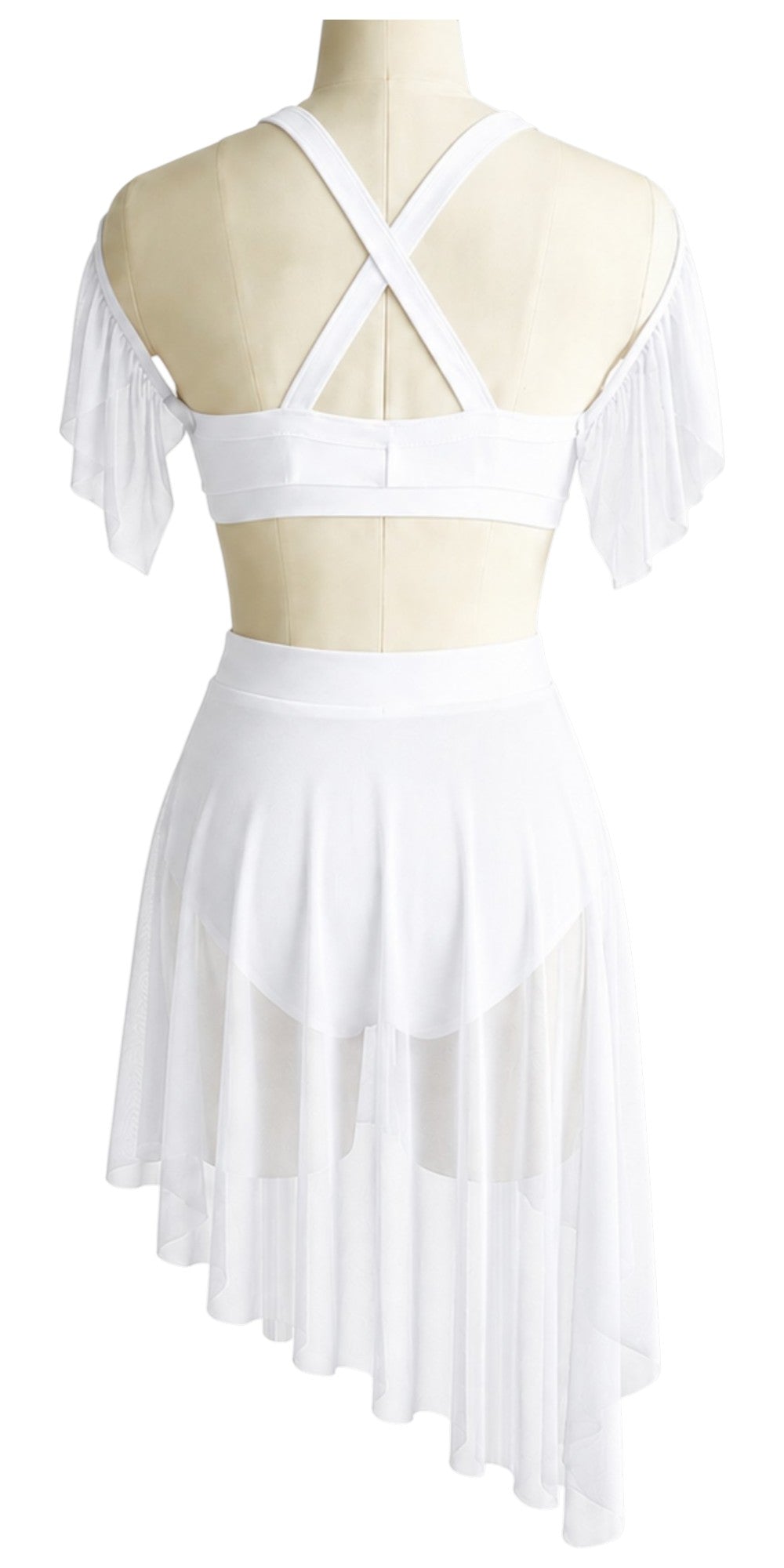 Back view of white Kaliya Signature dance costume base featuring crisscross straps, soft mesh sleeves, high-waisted briefs, and asymmetrical flowing skirt.
