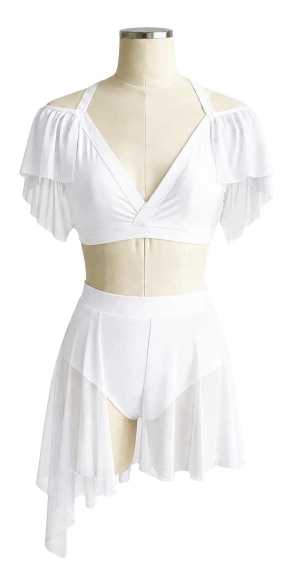 White Kaliya Signature dance costume base with crossover crop top, off-the-shoulder mesh sleeves, high-waisted briefs, and flowing asymmetrical mesh skirt.