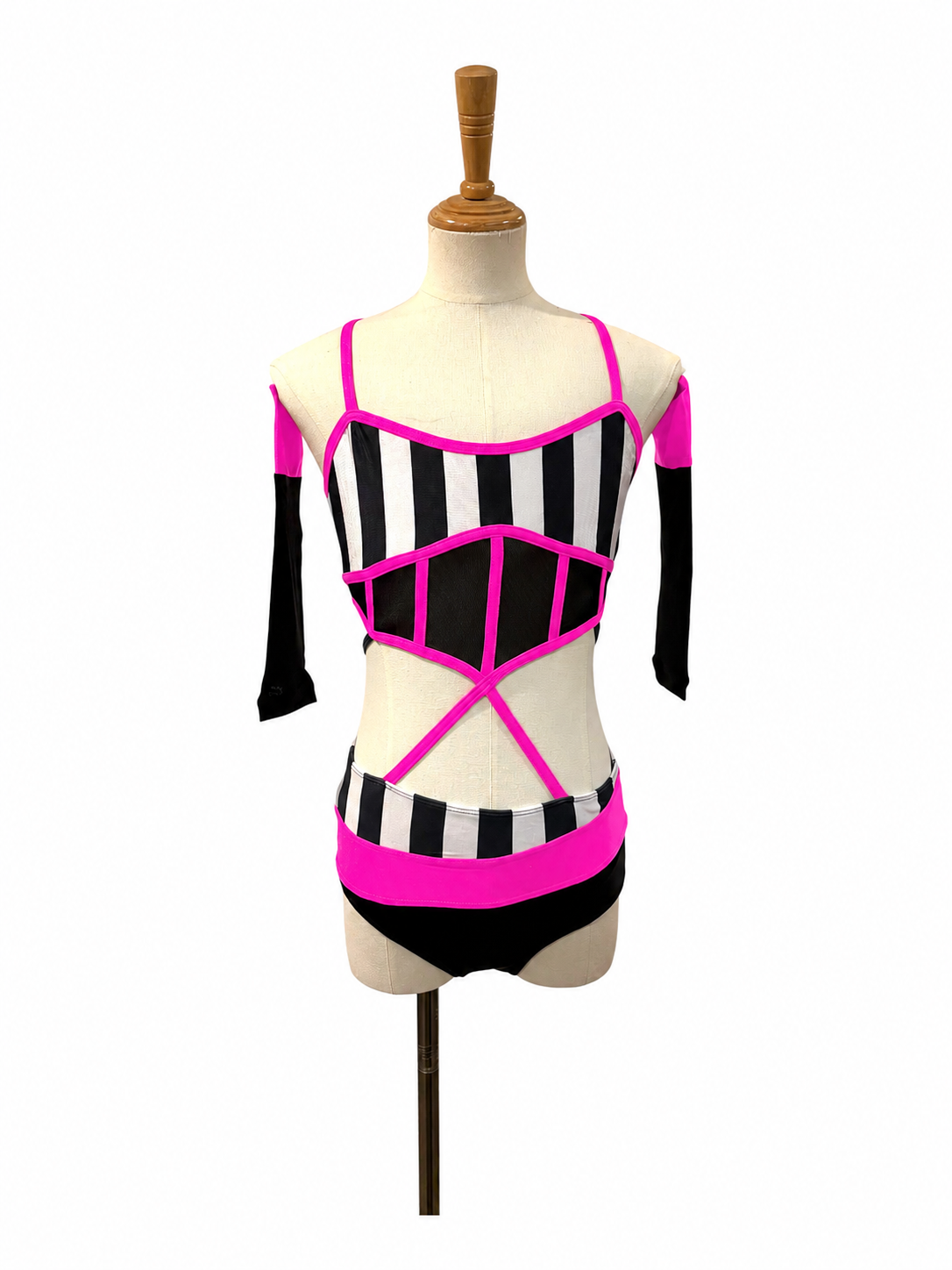 Kat Base dance costume in black, white, and hot pink featuring striped styling, illusion mesh corset, and detachable sleeves.