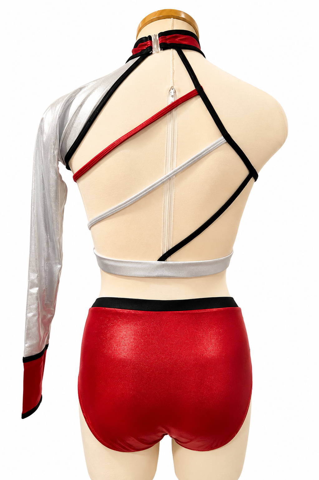 Back view of the Lauri Base in Metallic Red, Black, and Silver featuring an open geometric strappy back and high-waisted briefs.