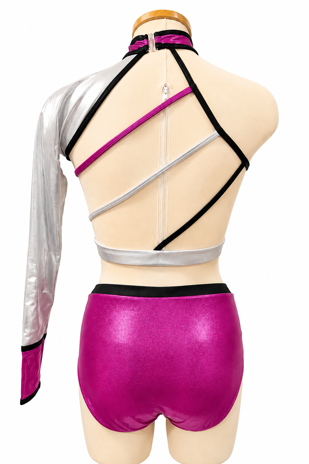 Back view of the Lauri Base in Metallic Deep Pink, Black, and Silver featuring an open geometric strappy back and coordinated high-waisted briefs.