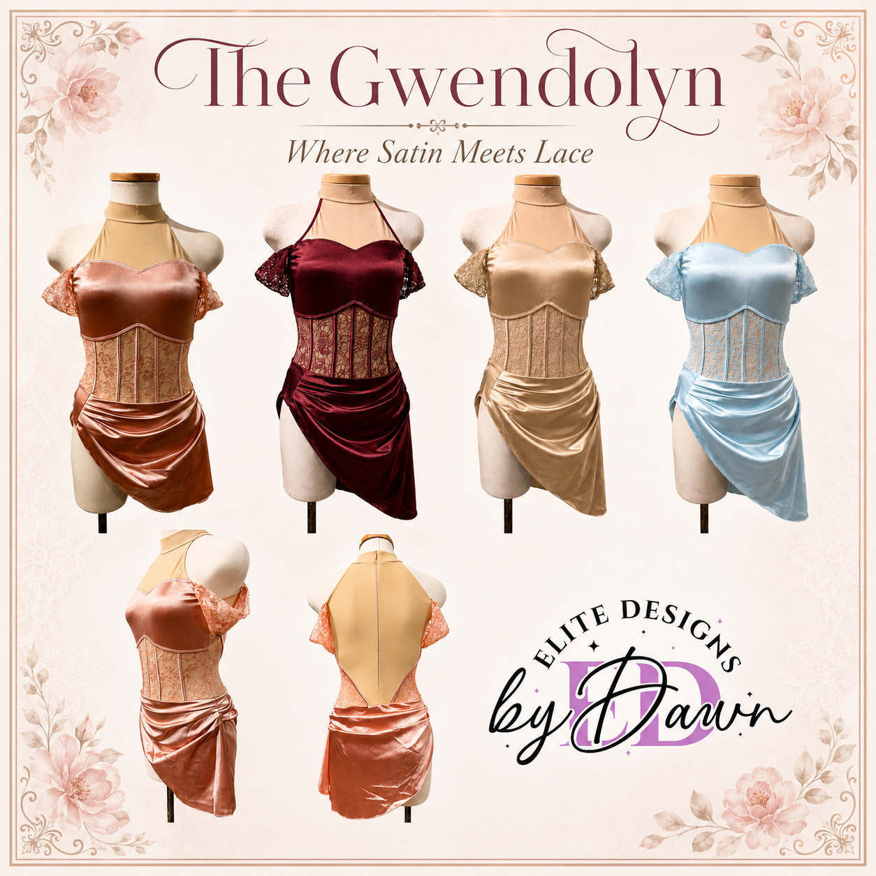 Gwendolyn Signature dance costume base color options card showing Powder Rose, Burgundy, Gold, Light Blue, and additional views by Elite Designs by Dawn.