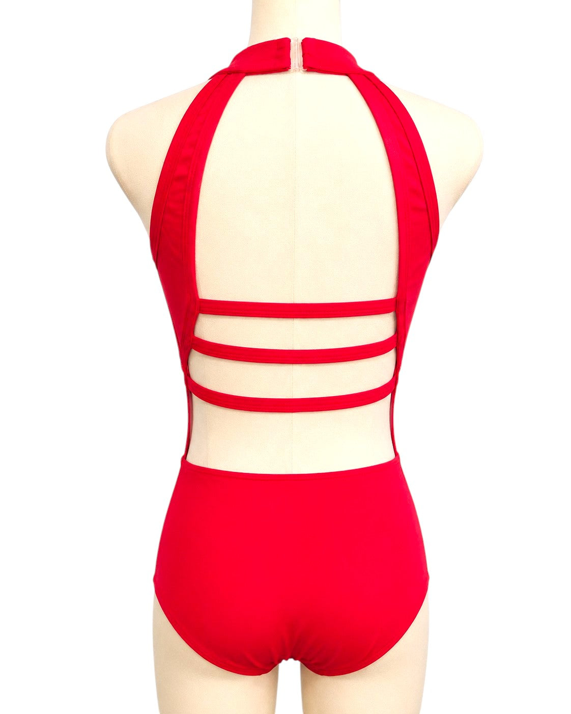 Back view of the red Shanna Base Studio Collection dance costume base featuring an open back with triple horizontal straps and a halter neckline.