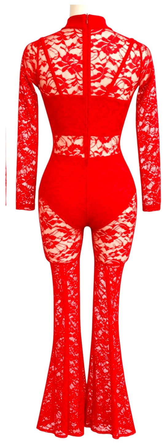 Lala three-piece red lace dance costume base back view showing floral lace unitard, long sleeves, briefs and center back zipper