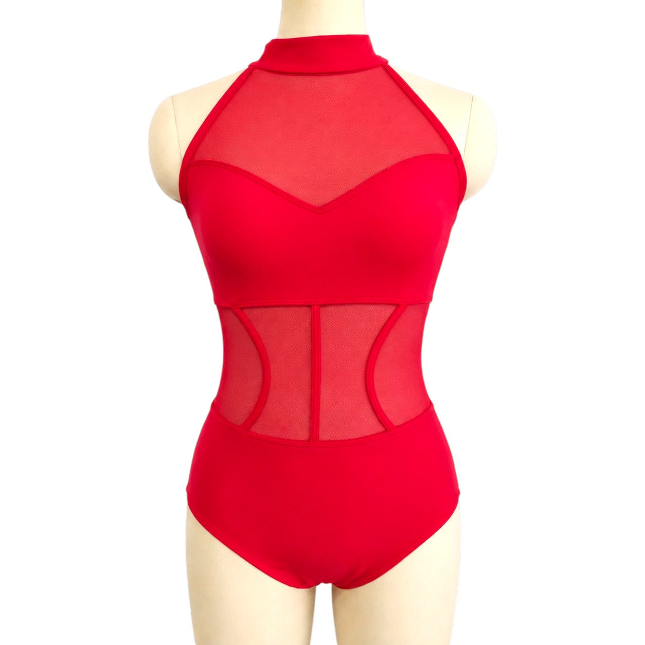 Shanna Base Studio Collection dance costume base in red featuring a halter neckline, illusion mesh bodice, and sculpted mesh waist panels.