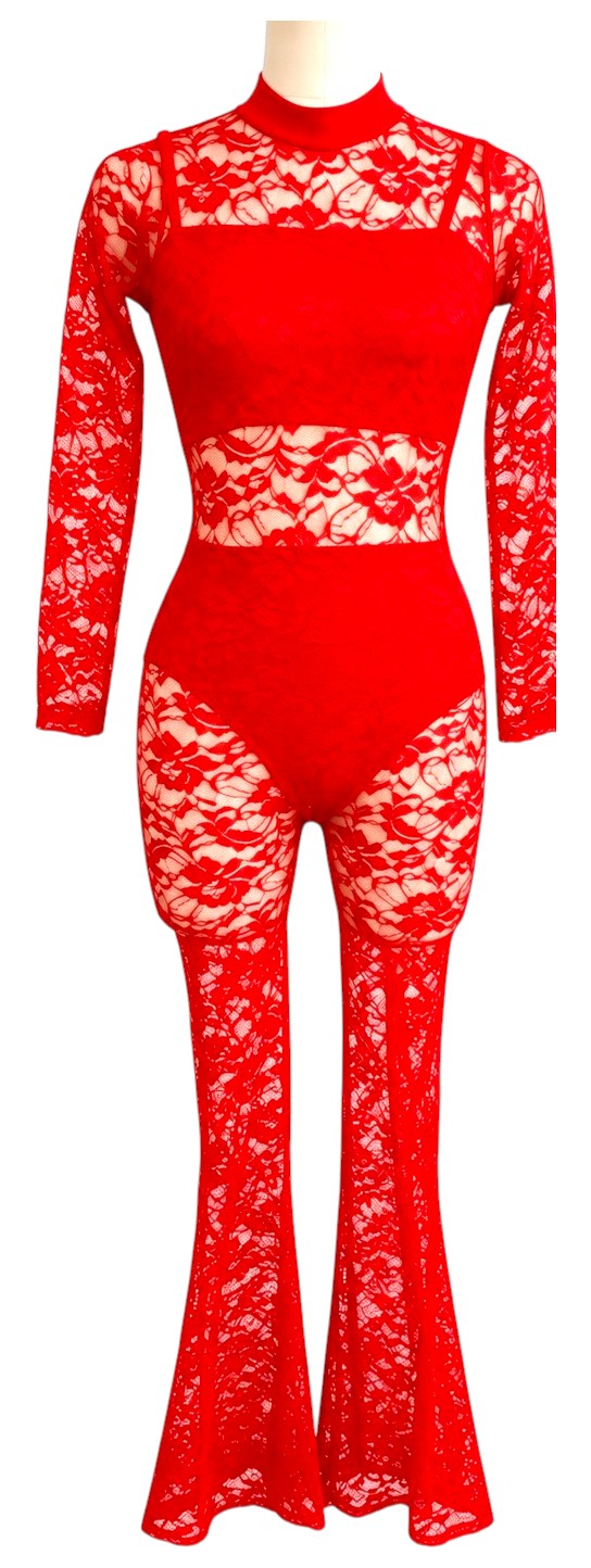 Lala three-piece red lace dance costume base front view with high neck, long lace sleeves, crop top, briefs and flared legs