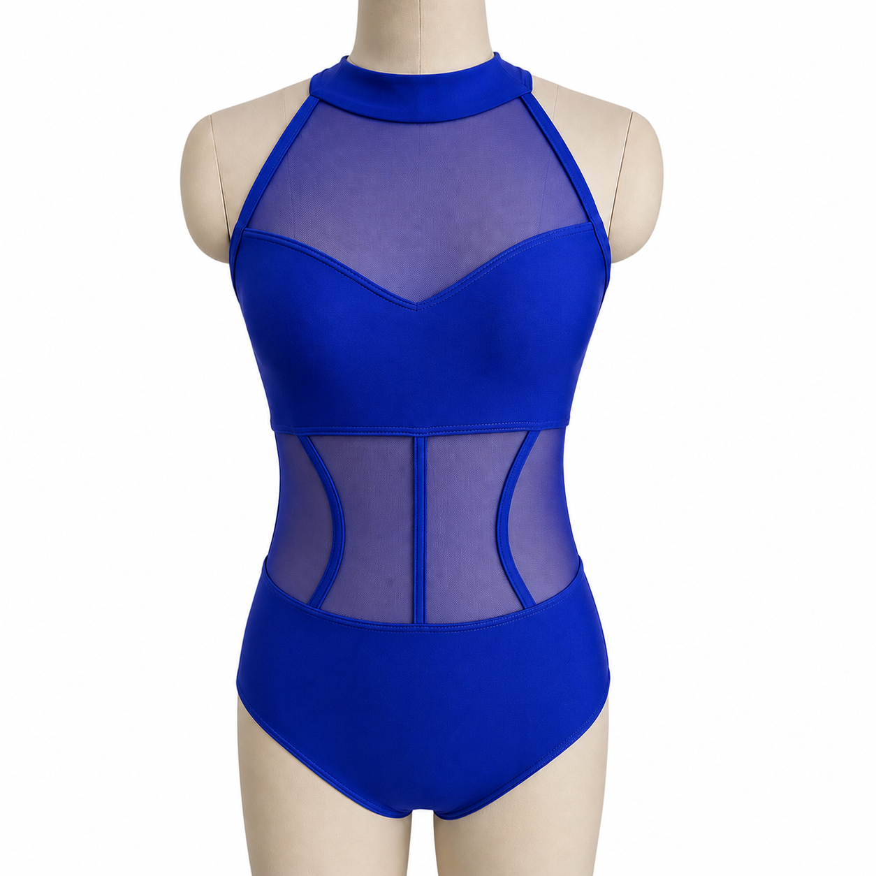 Shanna Base Studio Collection dance costume base shown in royal blue featuring a halter neckline, illusion mesh bodice, and contour mesh waist panels.