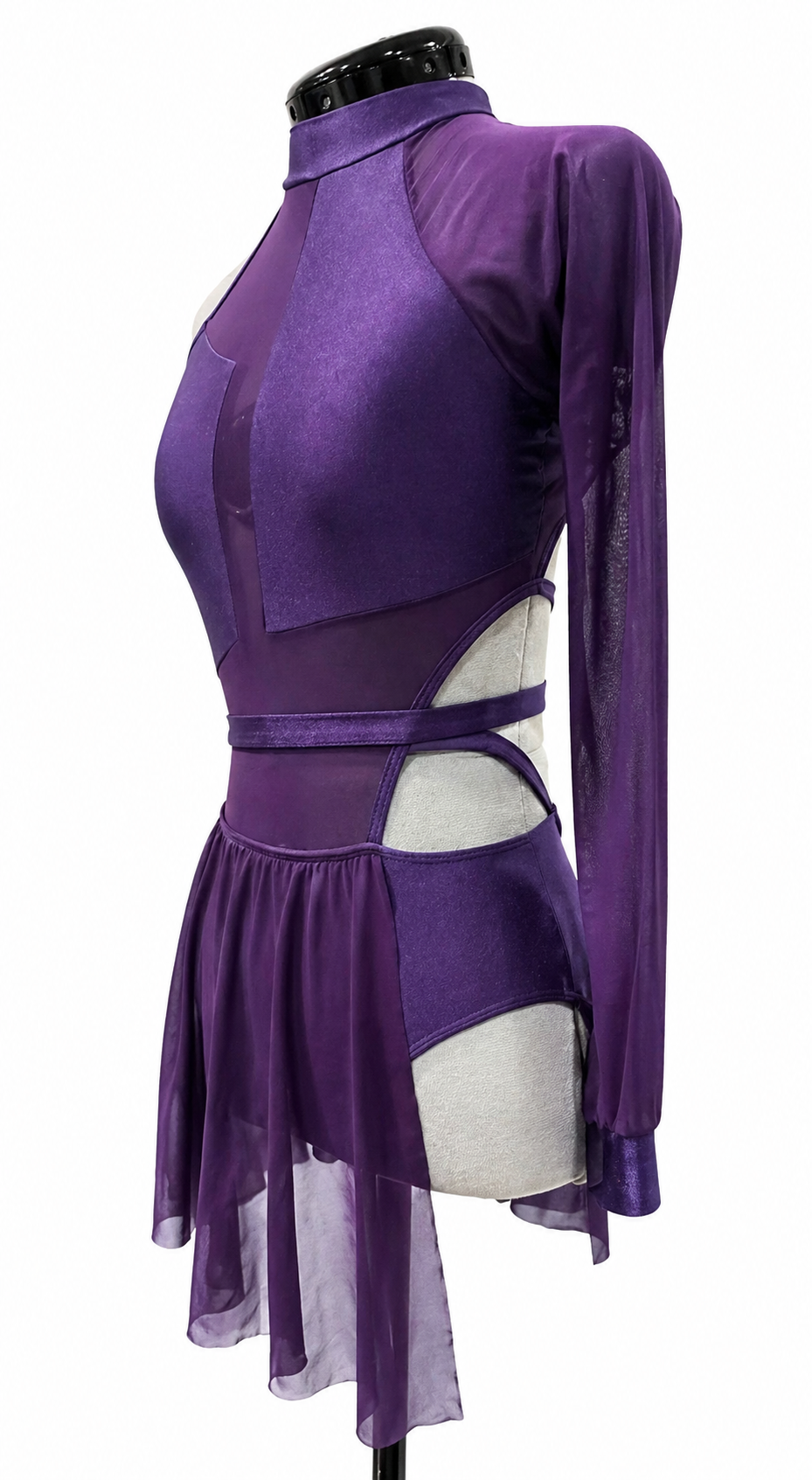 Maggie Base contemporary competition costume featuring high-neck design and asymmetrical sleeve construction.