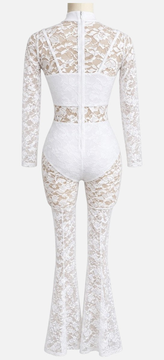 Lala three-piece white lace dance costume base back view showing floral lace unitard, long sleeves, briefs and center back zipper