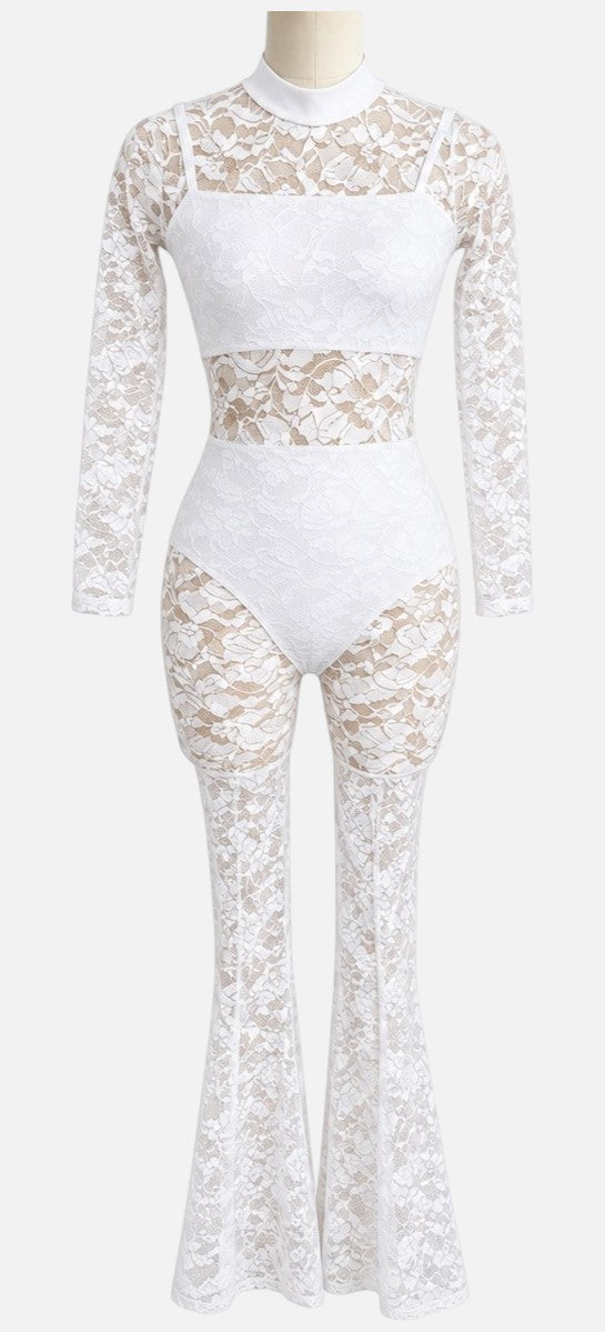 Lala three-piece white lace dance costume base front view with long sleeves, crop top, high-waisted briefs and flared lace legs