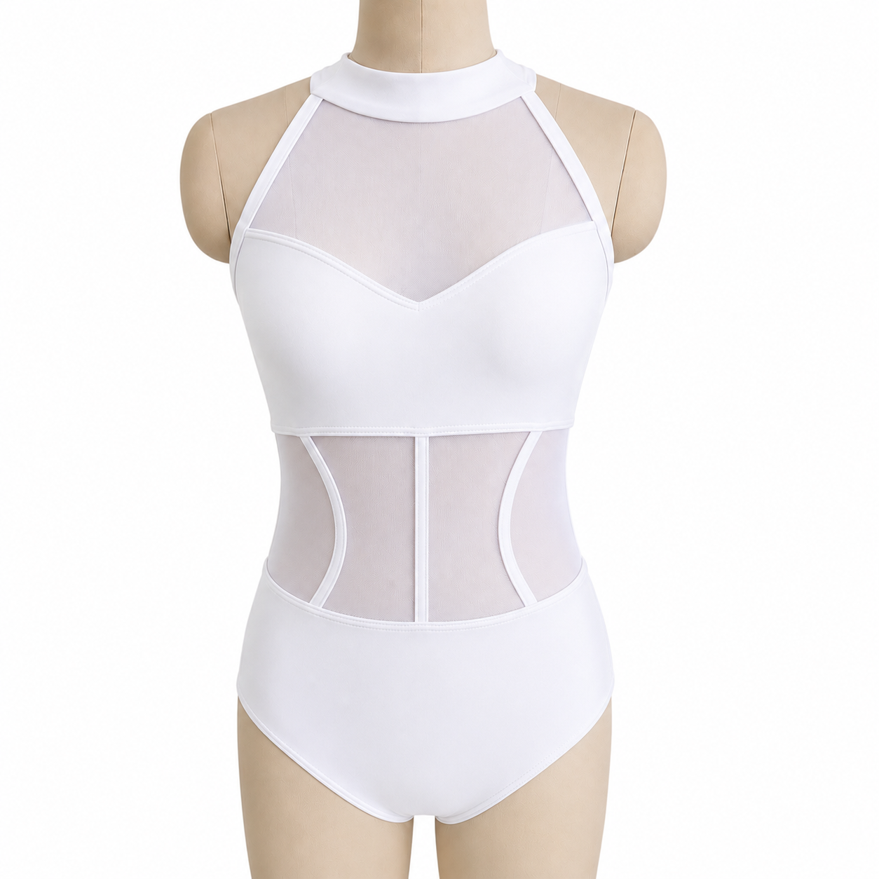 Shanna Base Studio Collection dance costume base in white featuring a halter neckline, illusion mesh bodice, and sculpted mesh waist panels.