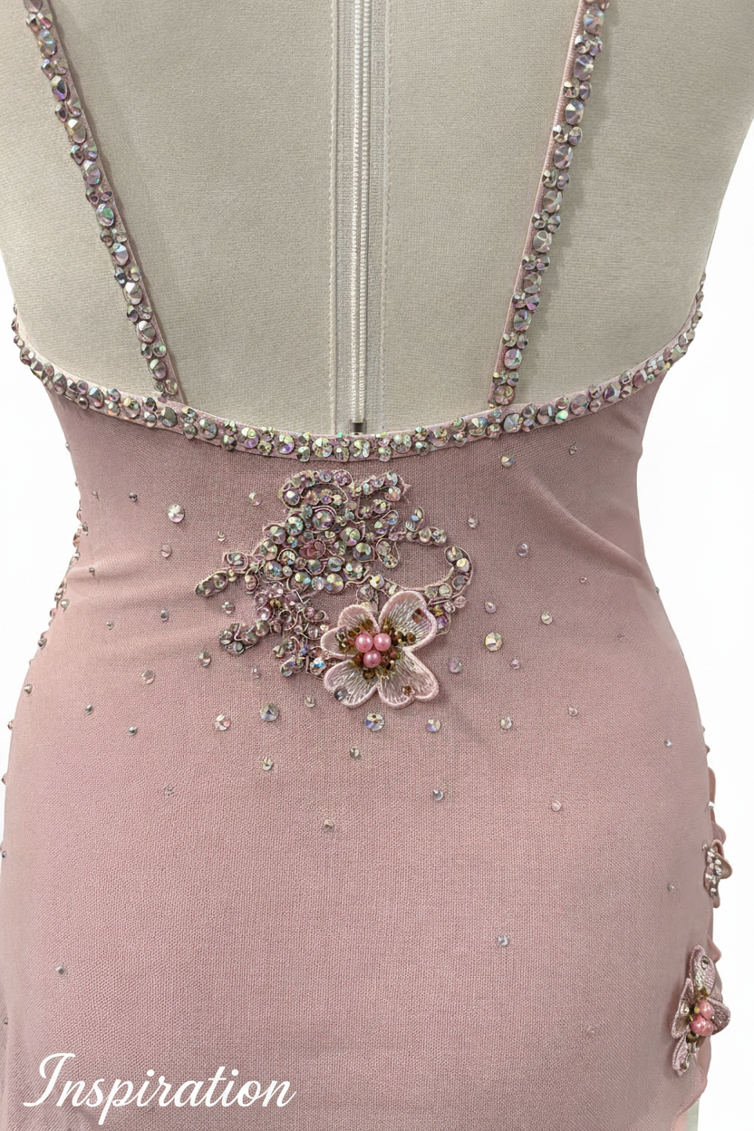 Inspirational example of a customized Brittney Base competition dance costume with rhinestone embellishments and draped mesh design
