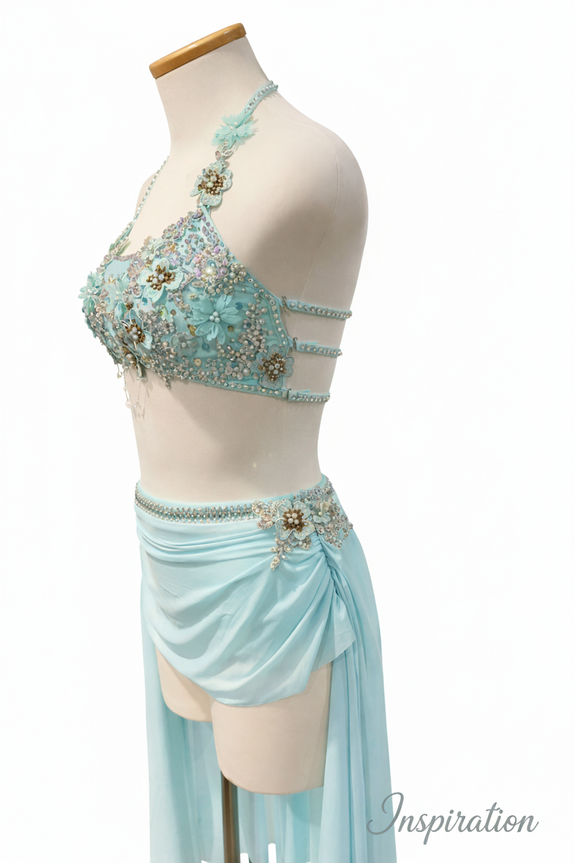 Dance costume inspiration example showing embellished lyrical styling in aqua blue